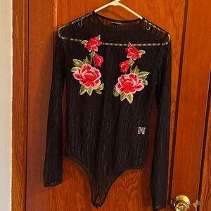 PrettyLittleThing Sheer Black Bodysuit with Pink/Red Embroidered Floral Design